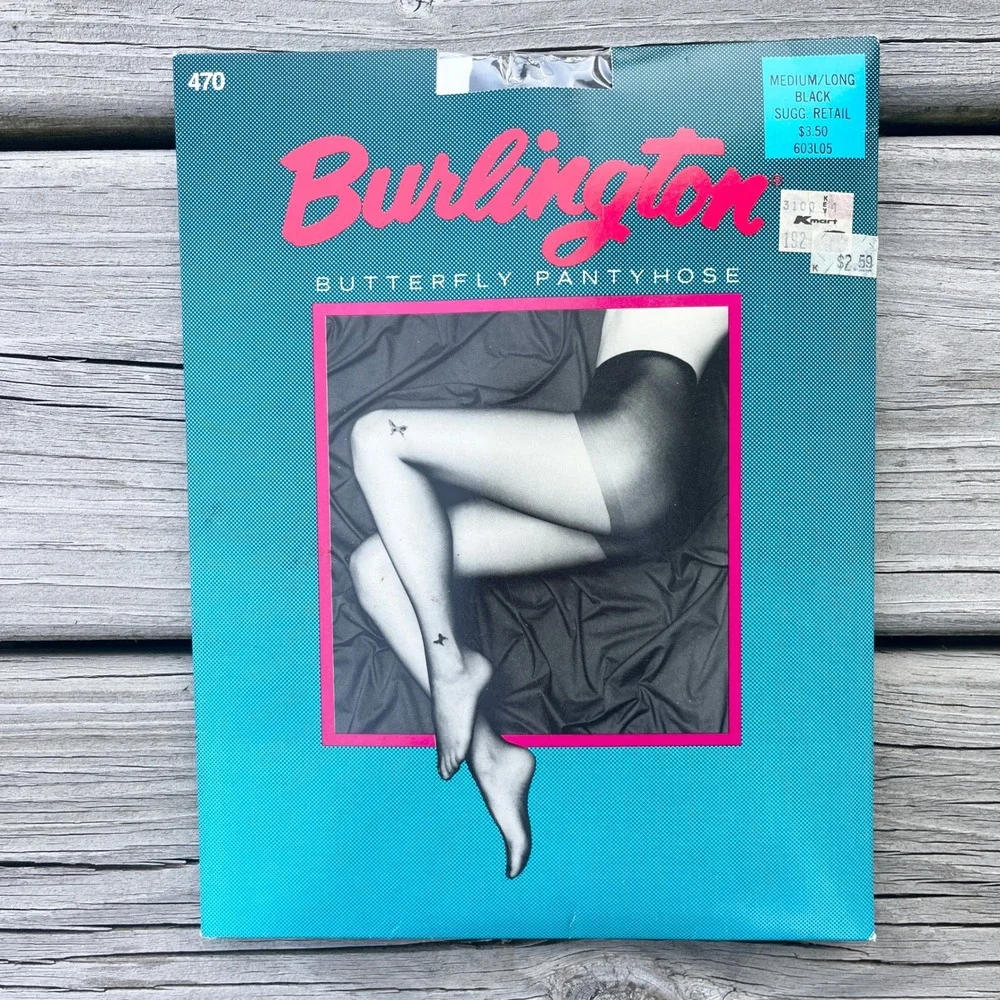 VTG Burlington Butterfly Pantyhose Black Medium Long Sheer Nylon USA Made NOS